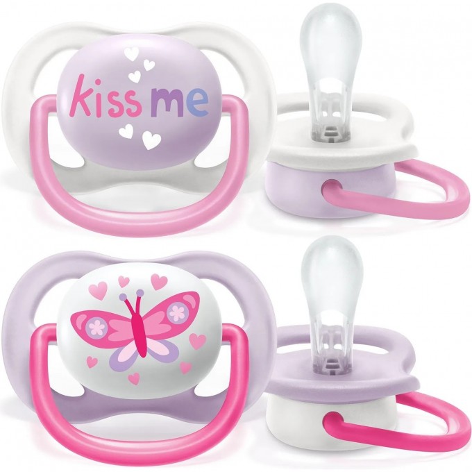 Пустышка PHILIPS AVENT ULTRA AIR , Kiss me/Бабочка, 0-6 мес, 2 шт, для девочек SCF080/14