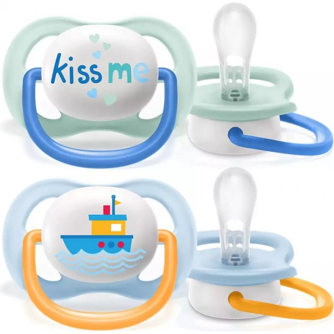 Пустышка PHILIPS AVENT ULTRA AIR , Kiss me/Кораблик, 0-6 мес, 2 шт, для мальчиков SCF080/13