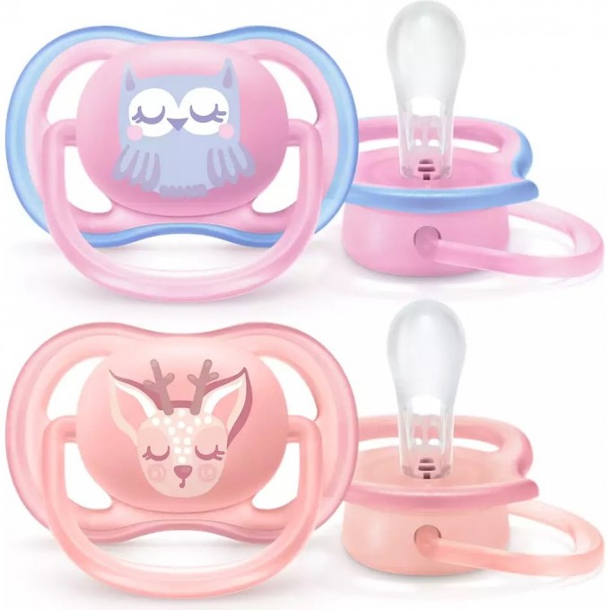 Пустышка PHILIPS AVENT ULTRA AIR , Сова/Олень, 0-6 мес, 2 шт, для девочек SCF085/02